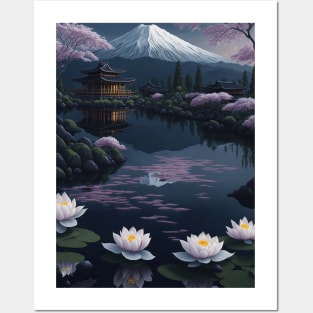 Serene Mount Fuji Sunset - Peaceful River Scenery - Lotus Flowers Posters and Art